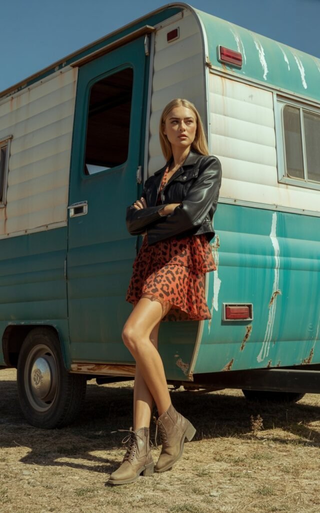 A full-body image of the model standing near a vintage trailer with harsh daylight creating strong shadows. She wears a bold cowboy print dress, a cropped leather jacket, and lace-up brown boots. Her blonde hair is styled sleek and straight. She stands with one leg crossed over the other, arms folded confidently, and stares into the distance. The image balances texture, prints, and attitude.