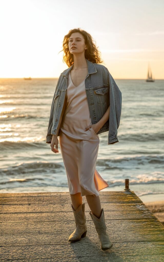 A full-body image of the model standing on a wooden boardwalk by the beach in golden hour light. She wears a pale pink slip dress, a faded denim jacket draped over her shoulders, and soft leather cowboy boots. Her hair is loose and wind-swept. She stands with one hand in her pocket, gazing toward the horizon thoughtfully. The image captures the contrast between softness and ruggedness beautifully.