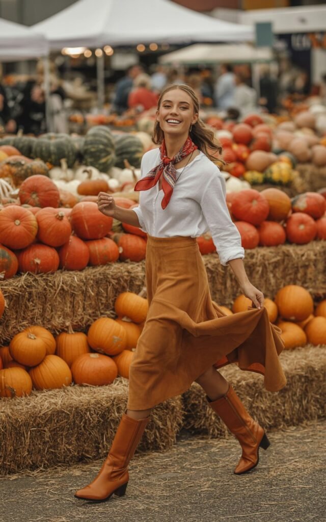 A full-body image of the model walking through a fall festival, surrounded by pumpkins and hay bales. She wears a caramel suede skirt, a white top, a patterned red bandana tied at the neck, and tall brown leather boots. Her hair is parted in the middle, styled loose and flowing. She smiles playfully toward the camera, one hand holding her skirt. The golden light adds warmth to her skin and soft shadows for depth.