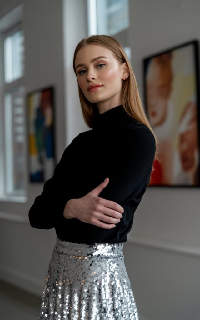 A full-body portrait of a white-skinned model with honey blonde hair and sharp cheekbones dressed in a sparkling silver sequin skirt and a sleek black turtleneck, paired with black heeled boots. The setting is an art gallery with soft indoor window light illuminating the space. She stands elegantly with her arms loosely crossed, offering a gentle smile. Her makeup is soft with subtle shimmer and neutral tones, letting the sequins take center stage. The contrast between glittering texture and clean lines creates a festive yet refined atmosphere.