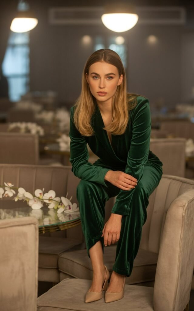 A full-body portrait of a white-skinned model with honey-blonde hair, sharp cheekbones, and a toned frame dressed in an emerald velvet jumpsuit and beige pointed pumps with thin heels. The setting is an elegant dinner lounge with plush furniture and soft overhead lighting that creates a warm glow. She stands tall, one hand on her waist, exuding grace and sophistication. Her makeup is polished but understated, with a hint of shimmer on the eyes. The rich velvet texture contrasts beautifully with sleek accessories, creating a look of luxury and confidence.