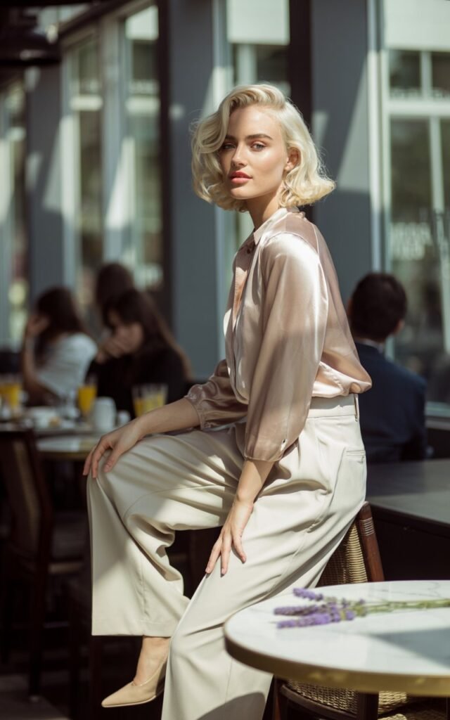 A full-body portrait of a white-skinned model with platinum blonde hair and soft waves, dressed in a blush satin blouse and cream tailored wide-leg trousers, paired with beige pumps. The setting is an elegant brunch café with natural daylight streaming through large windows, casting soft shadows. She stands confidently with one hand gently resting on her thigh, offering a serene smile. Her makeup is light with soft highlighter and neutral lips. The luxurious textures combine with the relaxed pose to create a polished, empowering look.