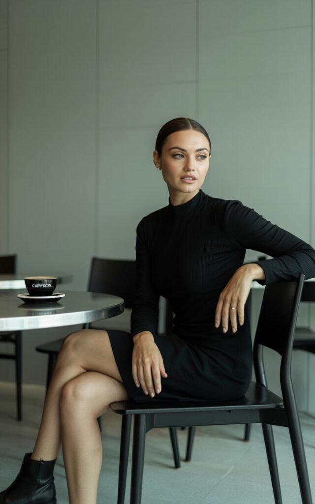 A full-body shot in a modern urban café with neutral tones and clean lines. The model wears a fitted black mock neck dress with long sleeves, paired with pointed ankle boots. Her hair is sleek, parted in the center, and styled behind her shoulders. Soft indoor lighting highlights the smooth fabric and her glowing skin. She stands with one hand on a chair back, exuding elegance and calm confidence.