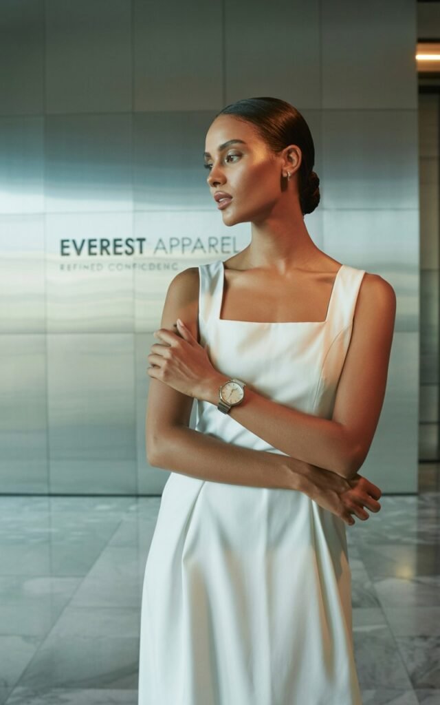 A full-body shot in a sleek office lobby with neutral tones and marble flooring. The model wears a white square-neck dress with clean, crisp lines and tailored fit. Her hair is pulled into a neat low bun, and her makeup is minimal with a focus on glowing skin. She pairs the outfit with pointed heels and a subtle wristwatch. Her posture is upright, hands loosely clasped in front, radiating understated elegance.