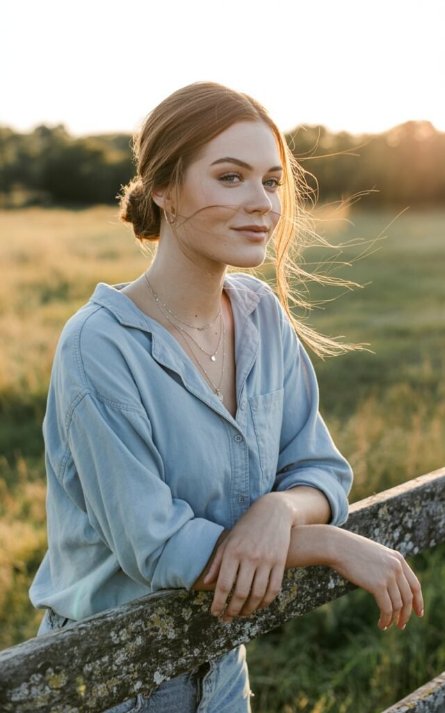 A full-body shot of the model leaning against a rustic wooden fence in soft evening light. She wears a light blue chambray shirt with rolled sleeves, distressed jeans, and layered silver necklaces. Her ankle boots are dark brown leather. Her hair is pulled back into a messy low bun, with strands falling naturally. Her expression is casual, with a slight smile and soft eye makeup that highlights natural freckles.