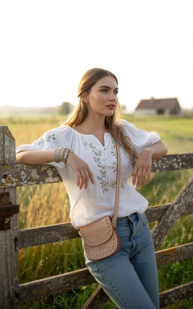 A full-body shot of the model leaning on a rustic wooden gate in soft morning light. She wears a white peasant blouse with subtle embroidery, bootcut blue jeans, and embroidered leather accessories like bracelets and a small crossbody bag. Her hair is parted in the middle, styled loosely. She looks off-camera with a dreamy expression, soft makeup and warm tones giving the image a romantic feel.