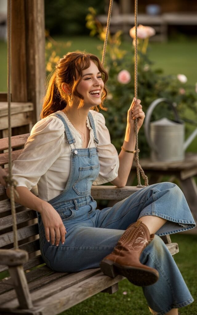 A full-body shot of the model seated on a wooden porch swing in soft golden hour light. She wears a white ruffled blouse, blue denim overalls, and brown cowboy boots. Her wavy hair is loosely pinned back with strands around her face. She’s laughing naturally, one hand holding the swing’s rope. The texture of the fabric and her subtle makeup give the image warmth and authenticity.