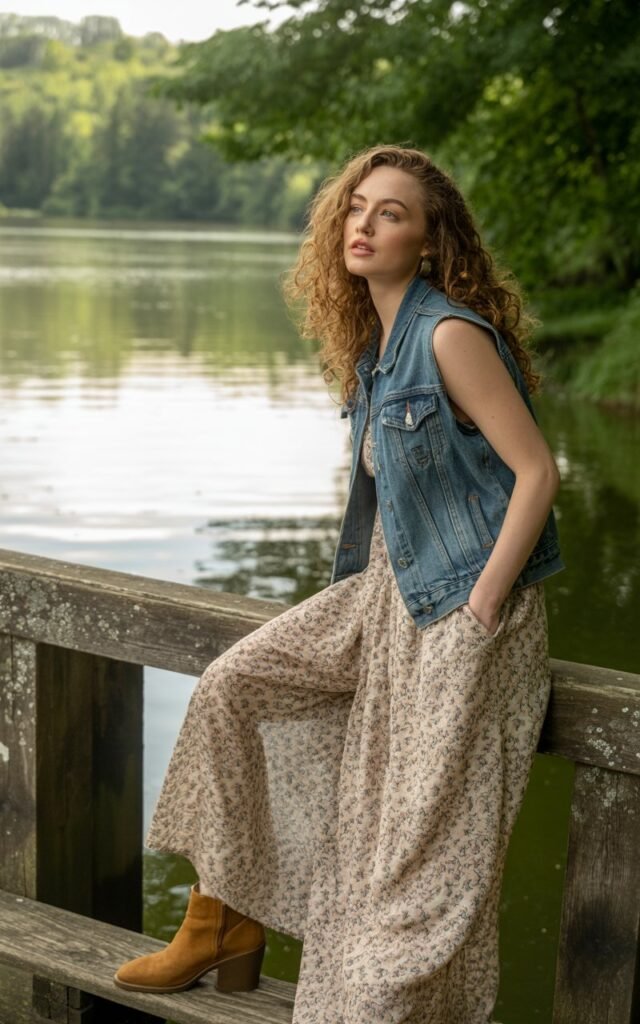A full-body shot of the model standing on a wooden bridge overlooking a lake in soft afternoon light. She wears a floral printed maxi dress layered with a sleeveless denim vest and brown suede ankle boots. Her hair is in soft curls cascading over her shoulders. She stands with one hand in her pocket, looking away toward the water. The image captures texture contrasts between fabric and nature, with subtle details like wind-blown strands.