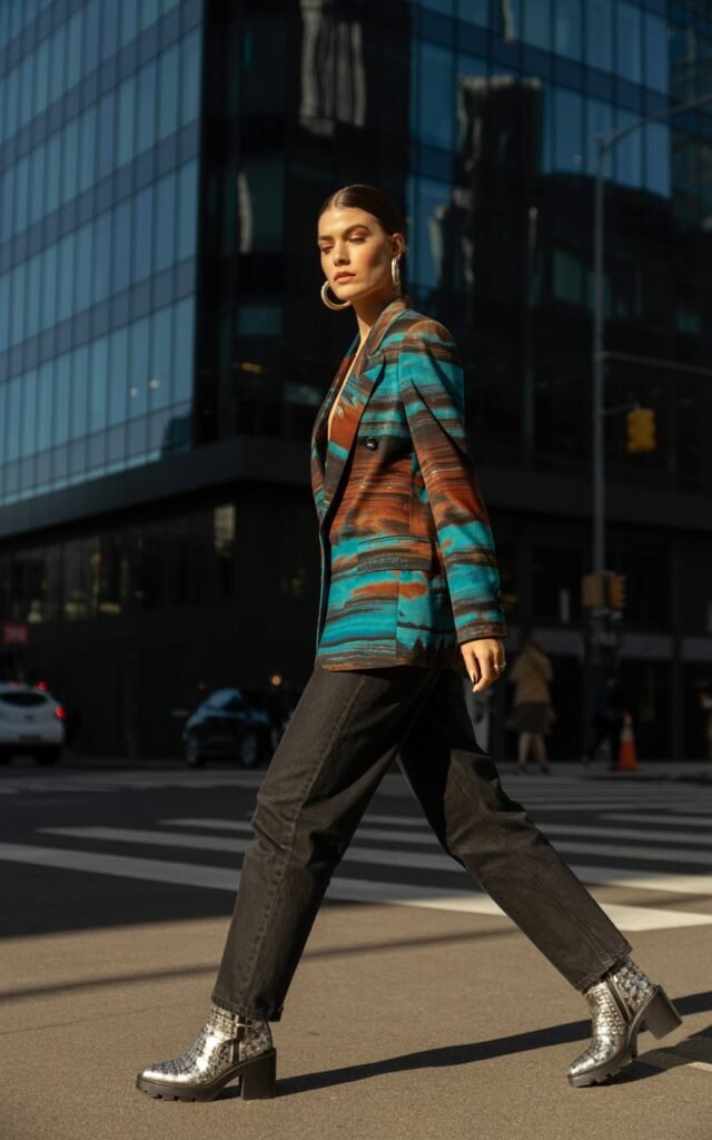 A full-body shot of the model stepping out of a downtown building in harsh afternoon sunlight. She wears a bold Western print blazer, sleek black jeans, and statement ankle boots. Her hair is styled straight and tucked behind one ear, showing off earrings. She looks directly at the camera with a confident smirk. The outfit’s textures and prints pop against the urban backdrop.