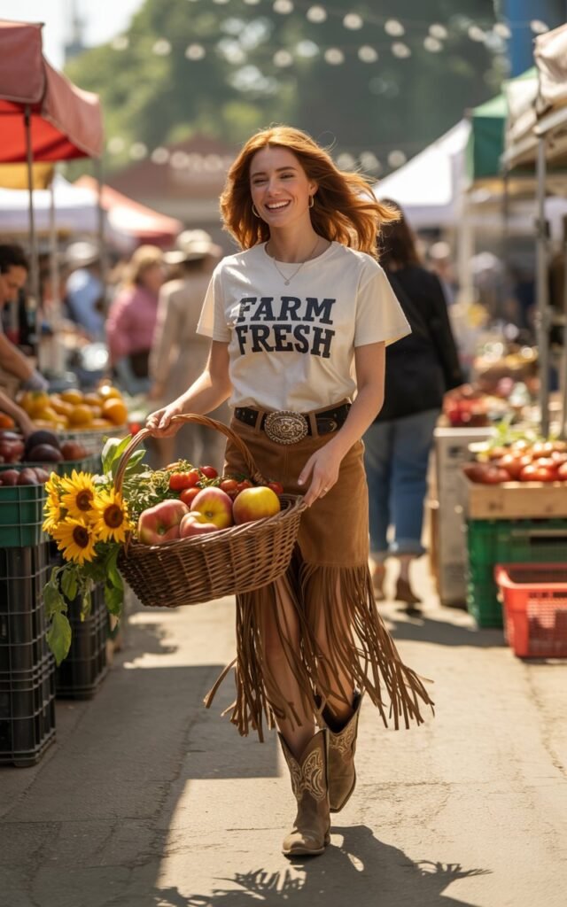 A full-body shot of the model walking through a farmer’s market under soft midday light. She wears a suede fringe skirt, a graphic white tee, and a dark leather belt with silver buckles. Her boots are scuffed cowboy-style. Her hair is loose, blowing slightly in the breeze. She smiles candidly while holding a woven basket, the textures of fabric and leather highlighted naturally.