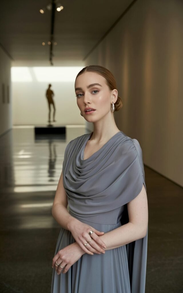 A full-body view in a modern art museum’s soft-lit hallway. The model wears a grey cowl neck dress with flowing fabric that drapes beautifully around the neckline and torso. Her hair is pulled into a soft bun, and minimal makeup accentuates her refined features. She pairs the look with sleek heels and delicate rings. Her posture is composed, with one hand resting gently on her hip, radiating effortless sophistication.