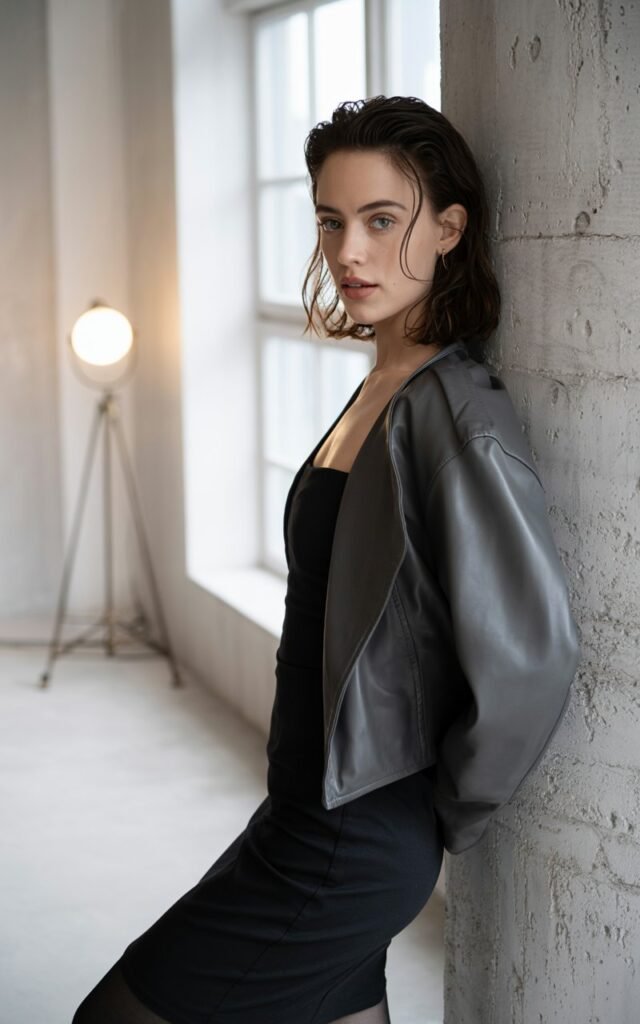 A full-body view of a fair-skinned model with sharp cheekbones and dark shoulder-length hair wearing a black bodycon dress and a cropped matte leather jacket, paired with sleek black ankle boots. The setting is an industrial loft studio with soft window light streaming in through large panes. She leans slightly against a textured wall, exuding cool confidence with a subtle smirk. Her makeup is minimal, with dewy skin and natural lips, while stray strands of hair frame her face. The ensemble blends edgy textures with feminine curves in a way that feels authentic and effortless.