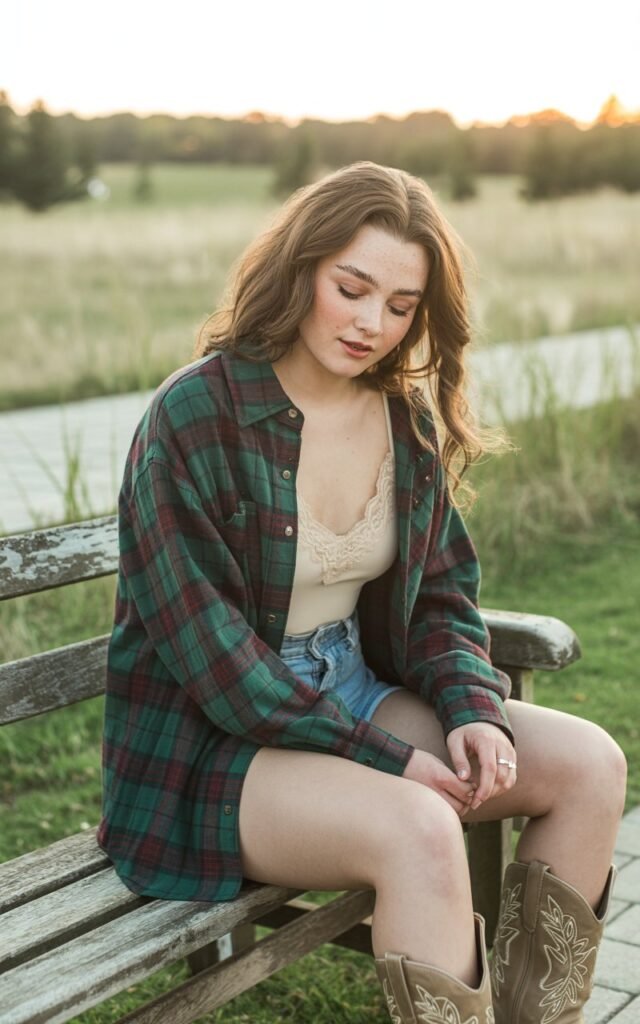 A full-body view of the model seated on a wooden bench in a nature park at sunset. She layers an oversized plaid shirt over a cream lace camisole and high-waisted denim shorts. Her cowboy boots are light brown with worn-in details. Her hair is soft and wavy, falling past her shoulders. She looks down thoughtfully, hands resting on her knees, with soft makeup and freckles visible for a natural editorial feel.