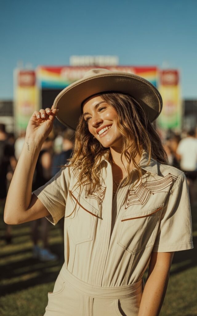 A full-body view of the model standing at a music festival’s entrance under bright daylight. She wears a beige romper with Western-inspired stitching, a wide-brim felt hat, and leather ankle boots. Her long hair is styled loose with soft waves. She tilts her head slightly with a carefree smile, holding the brim of her hat with one hand. The setting is lively but blurred, emphasizing her outfit details.
