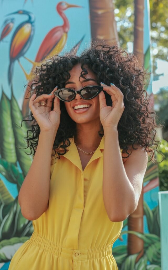 A model with voluminous curls stands in front of a colorful mural in daylight. She wears a bright yellow romper with a cinched waist and oversized cat-eye sunglasses. She holds the sides of her sunglasses and looks directly at the camera, playful and confident. Her skin glows with minimal makeup, and slight imperfections give authenticity. The vibrant backdrop complements the cheerful outfit.