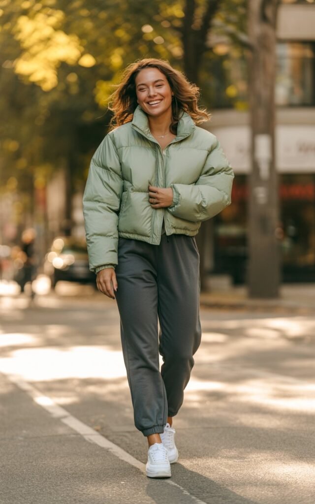 A natural-looking young woman wearing a cropped puffer jacket paired with comfortable joggers and sneakers. Theme Women Outfits