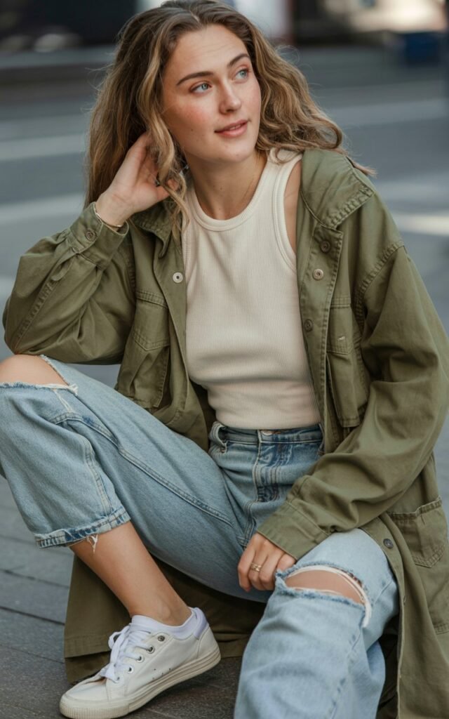 A natural-looking young woman wearing a utility jacket layered over a simple top with distressed jeans and casual sneakers. Theme Women Outfits