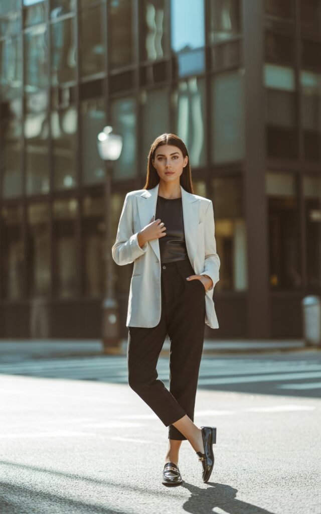 A sharp-featured model with sleek straight hair poses on an urban street at soft morning light. She wears a white tailored blazer over a black fitted top, paired with cropped pants and leather loafers. She stands confidently with one hand in her pocket and the other lightly touching her jacket. Glass buildings and soft shadows enhance the metropolitan vibe, while her minimal makeup and natural expression add elegance.