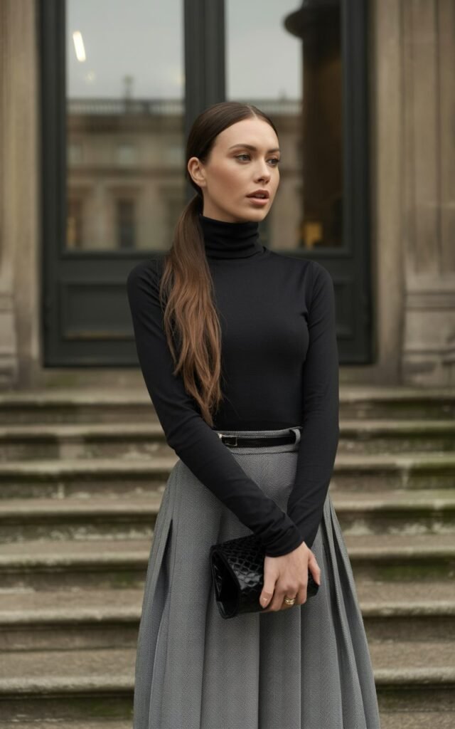 A striking brunette with long sleek ponytail, wearing a black fitted turtleneck tucked into a pleated gray midi skirt, paired with tall boots. She’s standing on stone steps outside a museum, overcast daylight for an editorial edge. Elegant, commanding pose, looking slightly off-camera.