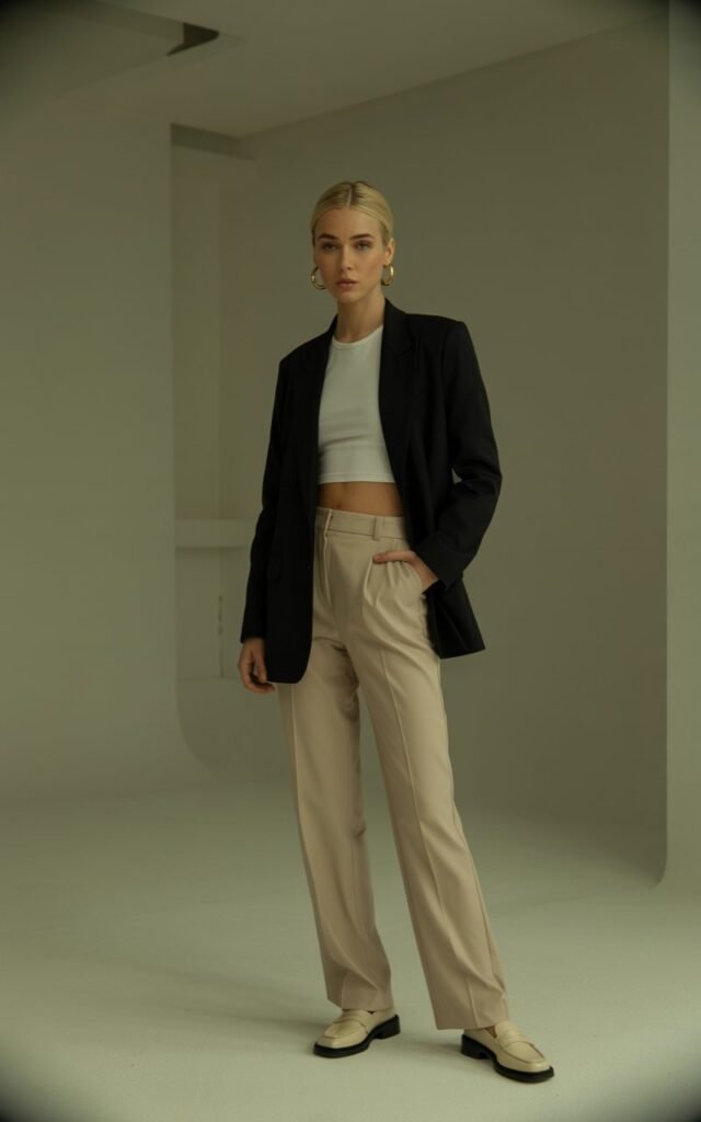 A studio-style fashion photo with soft indoor light. Model stands tall, arms crossed confidently. She wears a sleek black blazer over a white crop top and tailored beige trousers with loafers. Hair in a sleek low bun, gold hoops as accessories. Serious, polished expression.