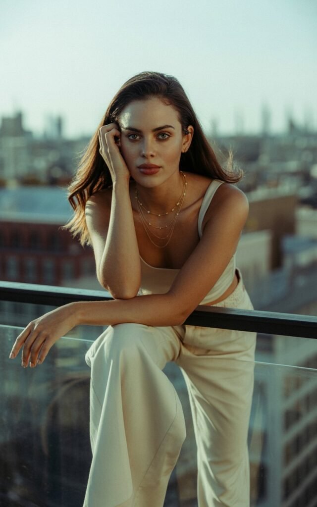 A symmetrical-faced model stands at a rooftop bar with soft golden hour lighting. She wears ivory wide-leg pants, a fitted tank top tucked in, and layered gold necklaces. She stands tall with one hand resting on the railing, the other lightly touching her hair. Her skin’s texture and natural flow of hair are emphasized, while the city skyline creates a dreamy background.