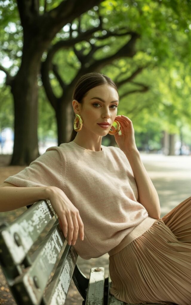 A symmetrical-faced model stands on a city park bench with filtered daylight through tree branches. She wears a beige pleated skirt, a soft knit top, and bold gold earrings. Her posture is upright, with one hand gently holding her skirt and the other brushing her hair back. The park’s greenery and soft shadows highlight the textures, creating a sophisticated yet playful look.