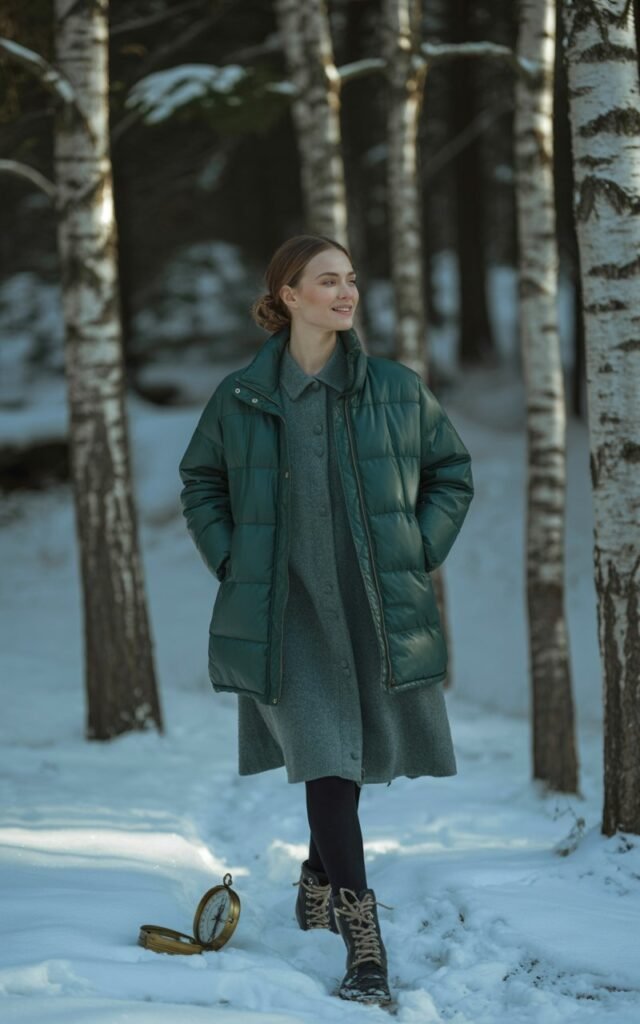 A symmetrical-faced model walks through a snow-covered forest at midday. She wears a deep green puffer jacket over a grey wool dress and black tights, paired with lace-up boots. She walks with one hand in her pocket, head slightly turned, smiling softly. Snow-dappled trees surround her, and soft winter light enhances the textures and colors.