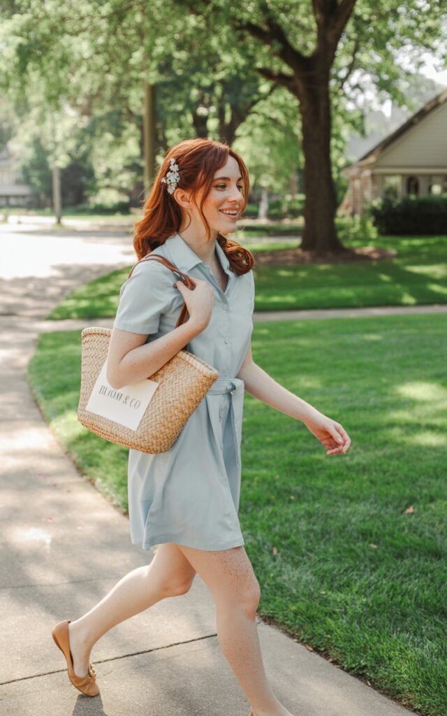 A white-skinned model with auburn hair in a half-up style, wearing a pale blue belted shirt dress with tan ballet flats. She strolls down a leafy suburban sidewalk in daylight, carrying a woven tote bag. Her pose is mid-step, relaxed, smiling softly. Natural freckles visible, glowing editorial realism.