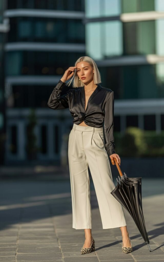 A woman with sharp jawline and platinum-blonde bob, wearing tailored ivory wide-leg cropped pants, a tucked-in silk black top, and pointed leopard-print flats. Urban setting with glass buildings in the background. Natural midday light with shadows. Confident stride, one hand brushing hair away.