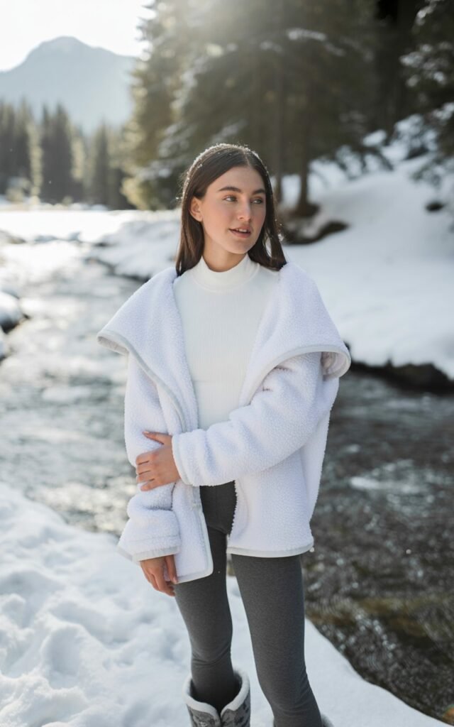 A young model stands by a snow-covered stream with soft daylight. She wears a white thermal bodysuit under a fluffy sherpa coat, paired with grey leggings and snow boots. She stands with one arm wrapped around herself, eyes sparkling with warmth. The winter landscape and soft lighting bring out the cozy textures and natural beauty of the scene.