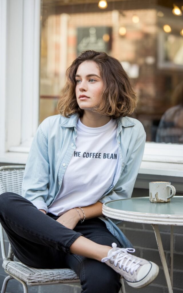 A young model with shoulder-length hair stands on a café patio with soft indoor window light spilling across her face. She wears a light-wash denim shirt unbuttoned over a white graphic tee, paired with black jeans and white sneakers. She sits casually on a chair, one leg crossed, looking away thoughtfully. Her makeup is minimal, and the textures of denim and cotton give an approachable vibe.