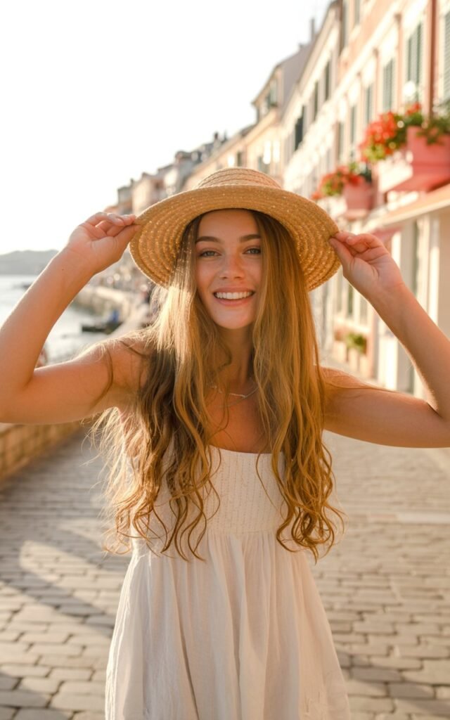 A young white-skinned model with wavy hair flowing past her shoulders stands on a cobblestone path in a European seaside town during golden hour. She wears a white linen sundress and a wide-brim straw hat paired with leather sandals. She holds the brim playfully while tilting her head, smiling softly at the camera. The warm light casts soft shadows, and colorful buildings create a charming backdrop.