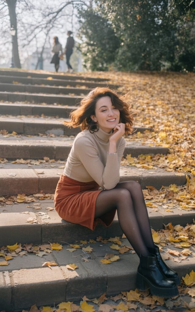 A young woman with chestnut wavy hair, wearing a beige turtleneck tucked into a rust-colored corduroy mini skirt, tights, and black ankle boots. She sits on park steps surrounded by fallen leaves, golden autumn light streaming in. Playful expression, hair slightly windswept.