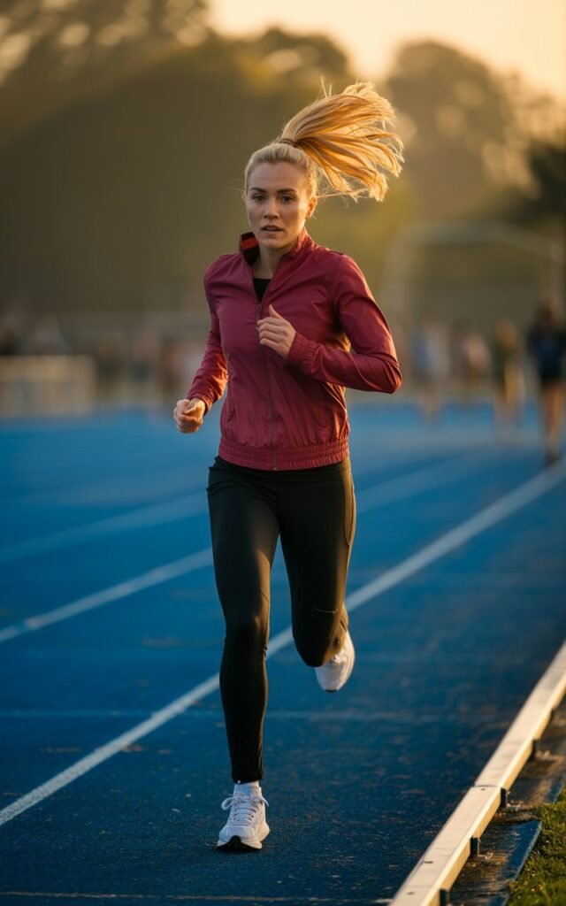 Athletic blonde with high ponytail, track pants, sporty zip-up jacket, and running sneakers. Shot on a running track at sunrise, glowing light. She’s mid-stride jogging, strong and focused.