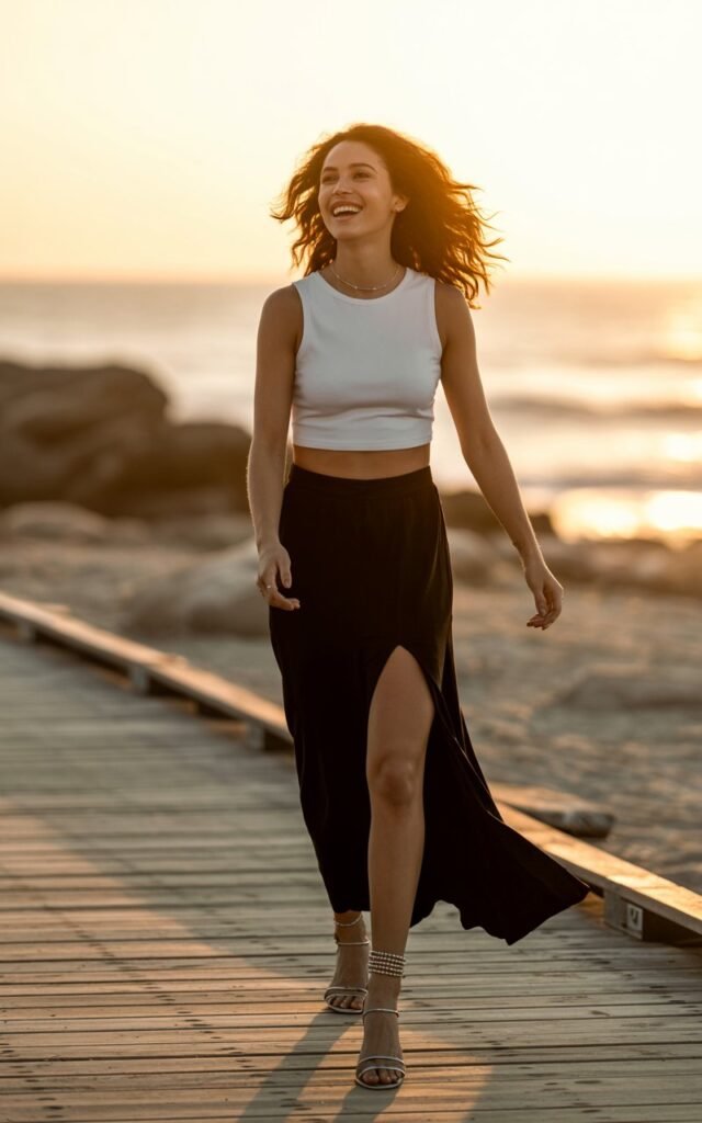 Beach boardwalk golden hour shot. Model in a white crop top and high-slit black maxi skirt, strappy flat sandals, layered anklets. Hair natural wavy flow in wind. Lighting warm golden sunlight. Pose walking barefoot, soft candid laugh.