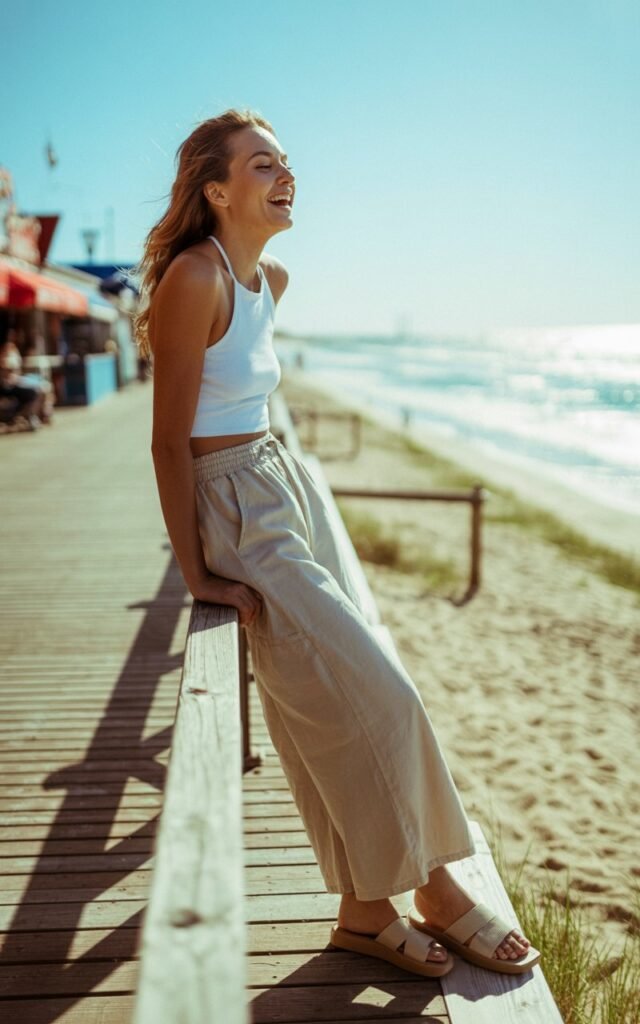 Beach boardwalk setting, late afternoon sunlight. Model wears a white halter top with breezy high-waisted cotton wide-leg pants and woven sandals. Hair loose and windswept. She stands leaning on a railing, laughing candidly with ocean in the background.