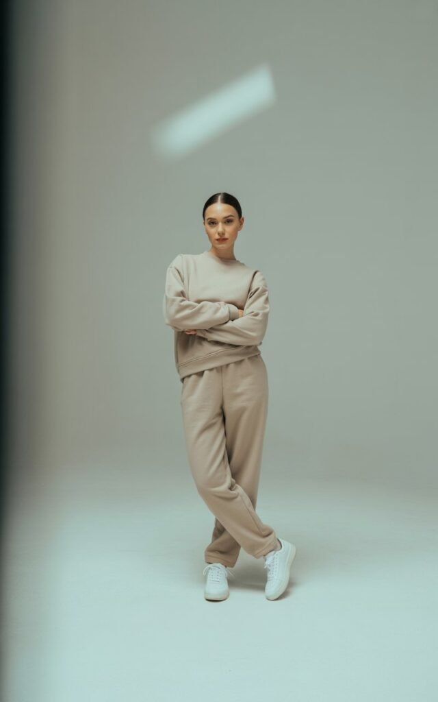 Beige sweatsuit paired with crisp white sneakers. The model is photographed in a minimalist studio with soft white lighting. She’s standing with arms folded, posture relaxed but confident. Hair is slicked back, clean makeup. The overall vibe is sharp, refined, and chic.