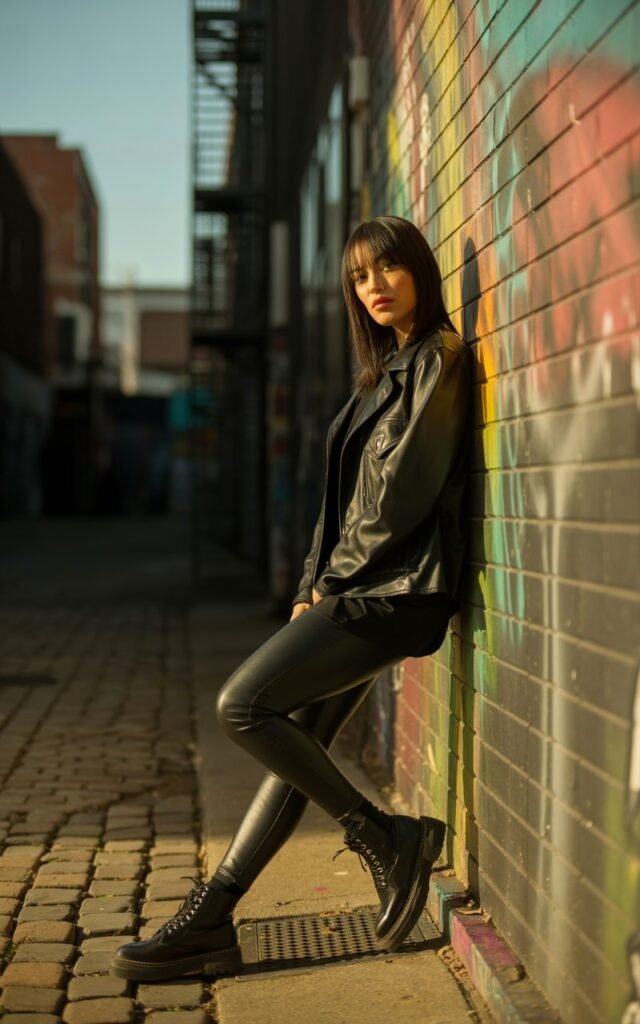 Black faux-leather shacket over fitted black leggings and lace-up boots. The model is leaning against a graffiti-covered wall in an urban alleyway. Late-afternoon golden light creates contrast. Her hair is sleek and straight, expression confident and slightly mysterious.