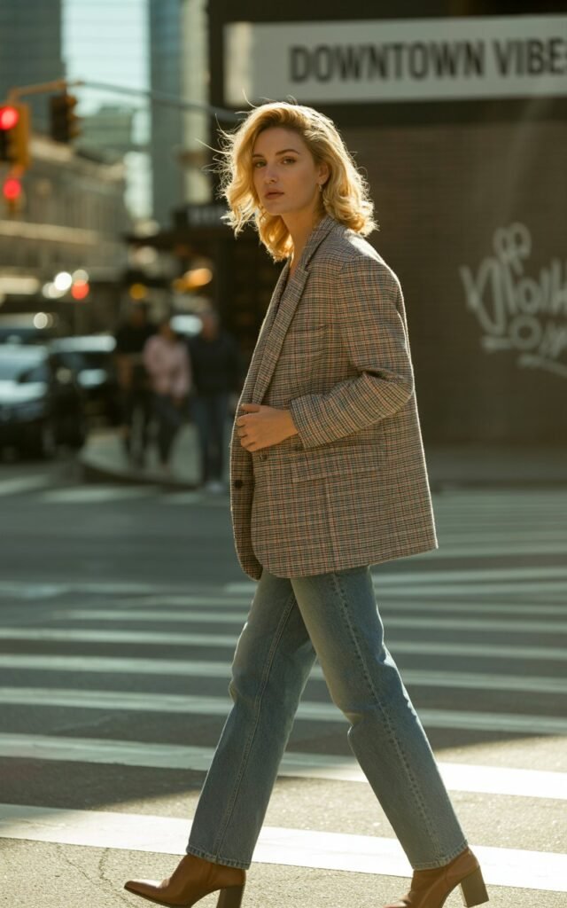 Blonde model with waves tucked behind her ears, wearing a boxy vintage plaid blazer over straight-leg jeans, paired with ankle boots. Captured on a downtown street corner at golden hour. She’s standing mid-crosswalk, looking off to the side, wind blowing her hair naturally.