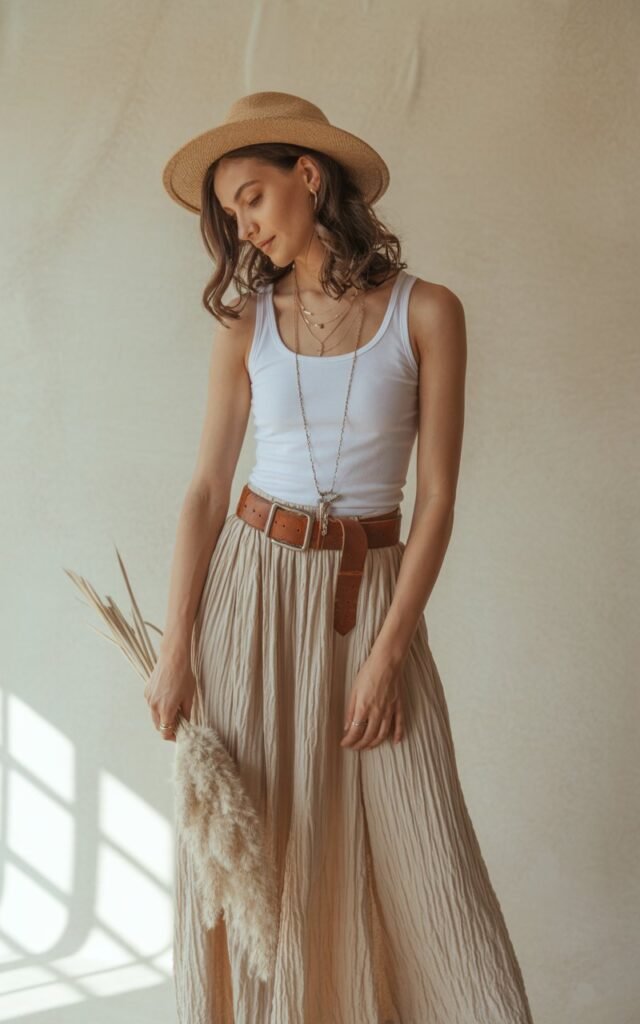 Boho-chic studio shoot with soft window light. A brunette model with waves wears a beige long skirt with a white tank and bold leather statement belt, layered necklaces, and a wide-brim hat. She’s standing angled slightly, looking down with a serene smile. The neutral tones feel editorial and elevated.
