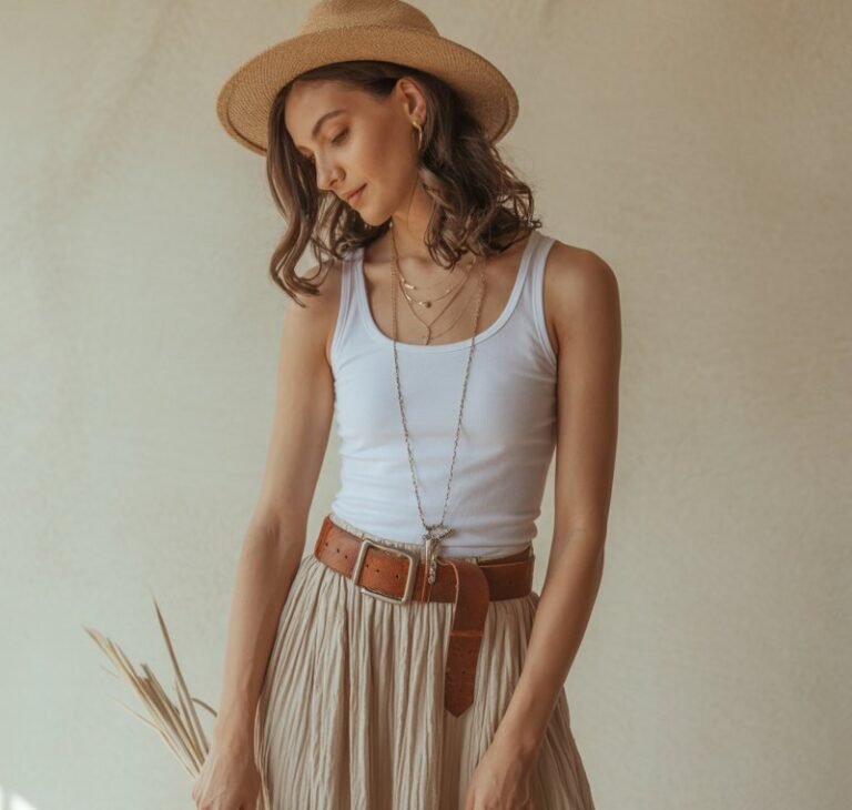 Boho-chic studio shoot with soft window light. A brunette model with waves wears a beige long skirt with a white tank and bold leather statement belt, layered necklaces, and a wide-brim hat. She’s standing angled slightly, looking down with a serene smile. The neutral tones feel editorial and elevated.
