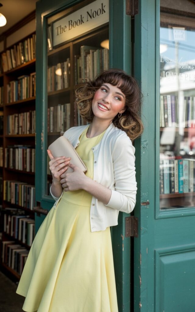 Brunette model with bangs styled in soft curls, wearing a pastel yellow fit-and-flare dress with a white cropped cardigan, paired with kitten heels. Captured in front of a vintage bookstore, warm natural daylight. She’s leaning slightly against the doorframe, holding a small clutch, giving a sweet retro smile.