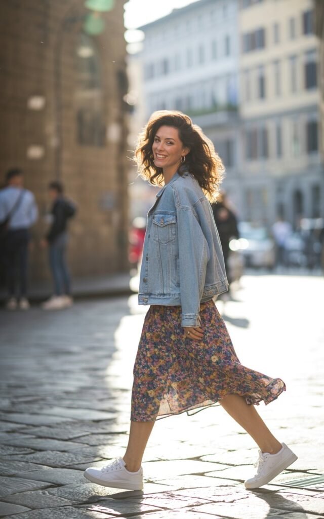 Brunette model with loose curls in a light blue denim jacket over a floral midi dress, paired with white sneakers. Shot on a cobblestone European street, soft daylight. She’s mid-walk, looking over her shoulder with a carefree expression.