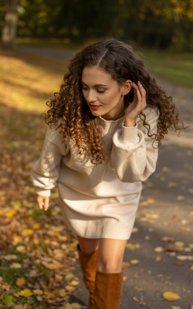 Brunette with voluminous curls, in a cream sweater dress and suede knee-high boots. Shot on a leaf-covered autumn path, golden-hour glow. She’s walking with hands brushing hair, dreamy expression.