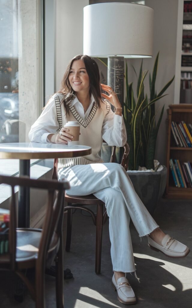 Studio with soft white backdrop. Model wears a tailored navy blazer dress with pointed-toe ankle boots, gold hoop earrings, and a sleek ponytail. Strong, confident stance with arms crossed. Bright studio lighting for a sharp editorial vibe.