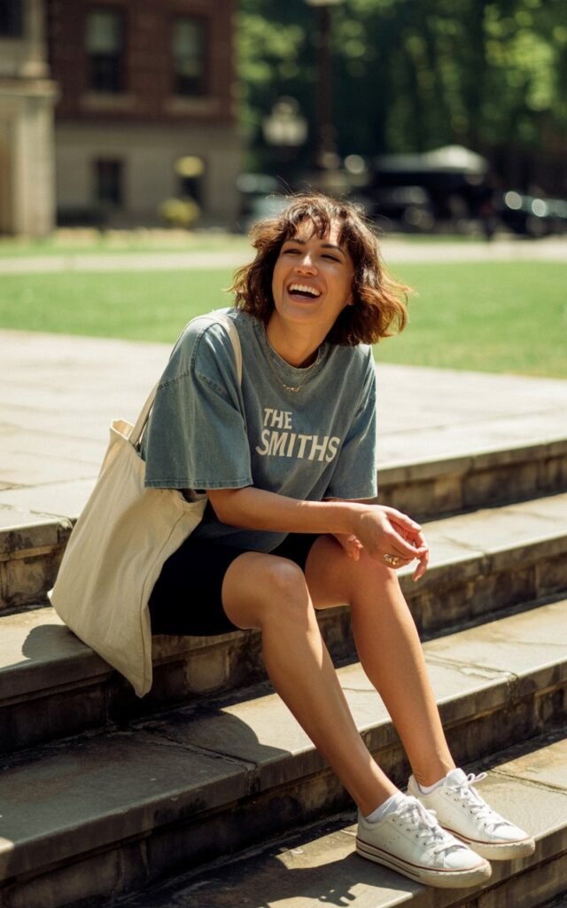 Campus steps in natural daylight. She wears a large vintage oversized tee with black biker shorts and sneakers, carrying a tote bag. Hair is messy and natural, makeup minimal. She’s seated on the steps, laughing mid-conversation.