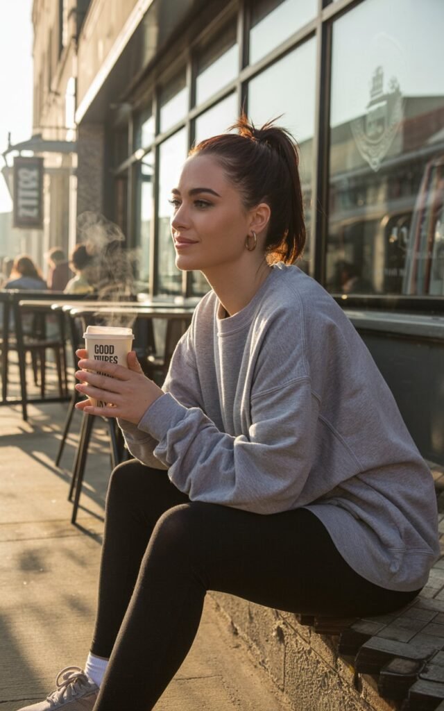Casual brunette with ponytail, oversized grey sweatshirt, black leggings, sneakers, and baseball cap. Shot at an urban coffee shop exterior, soft morning light. She’s sitting on outdoor steps sipping coffee, relaxed and cozy.