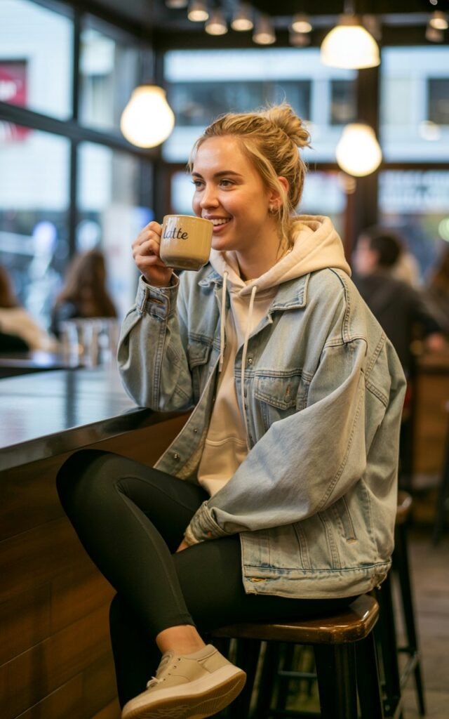 Casual coffee shop interior. Model wears an oversized denim jacket over a cream hoodie with black leggings and slip-on sneakers. Soft indoor window light. Hair in a messy bun. Pose sitting on a bar stool sipping coffee, candid smile.
