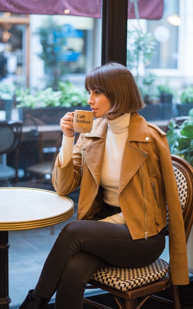 Charming café interior. Model in a tan suede moto jacket over a fitted cream turtleneck with dark skinny jeans and booties. Soft indoor light from large windows. Hair glossy, shoulder length. Pose seated at table with coffee, looking out the window.