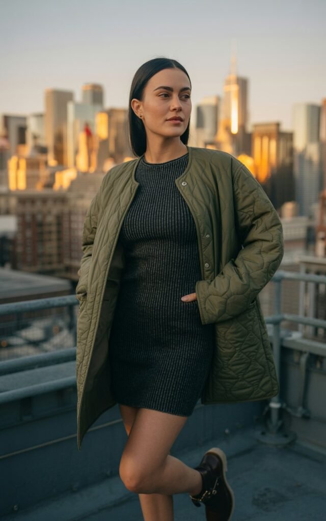 City rooftop with glowing skyline in background. Model wears an olive quilted jacket over a ribbed knit mini dress with ankle boots. Sunset golden light. Hair sleek, parted down the middle. Pose standing strong, one hand in jacket pocket.